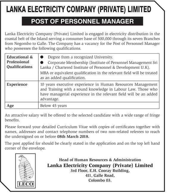 Personnel Manager - Lanka Electricity Company (Pvt) Ltd